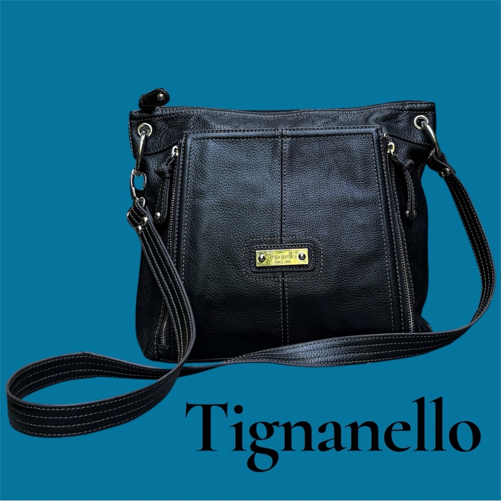 Tignanello Black Pebbled Leather Crossbody. 3 compartments. Excellent condition!